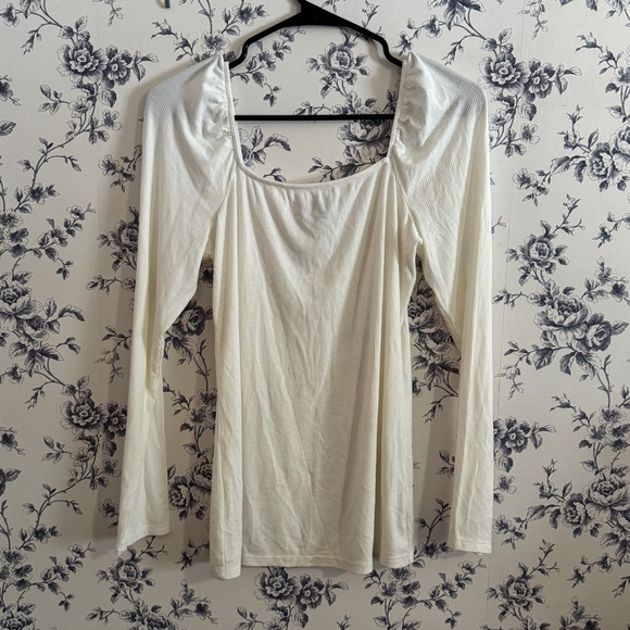 White Square Ribbed Neck Long Sleeve Top - Picture 1 of 4